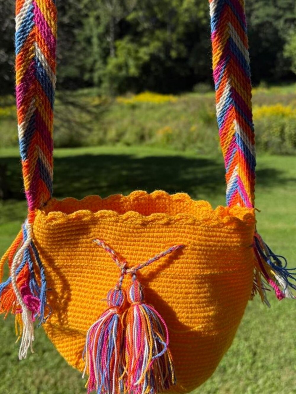 Orange Crochet Bucket Bag with Multicolored Tassels